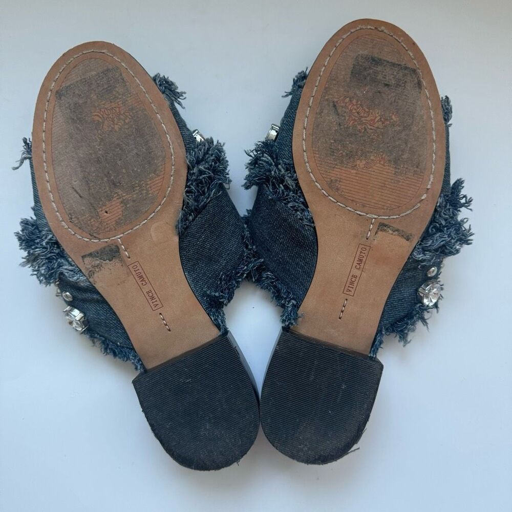 Vince Camuto Fringe Jewel Denim Open Toe Low Heel Comfort Sandal Size 6.5 Blue - Picture 7 of 12